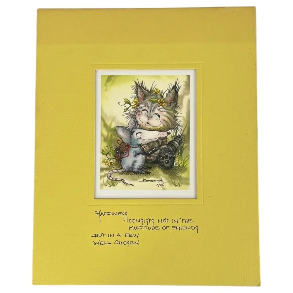 Jody Bergsma Limited Ed Lithograph 1980 Cat & Mouse print Signed‎ Matted Yellow